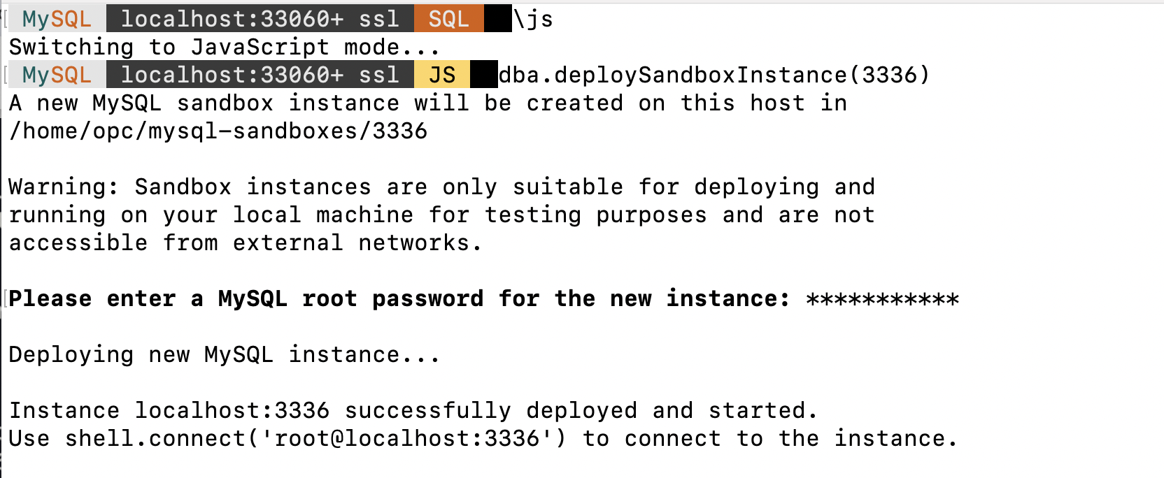 Messages from creating a sandbox instance