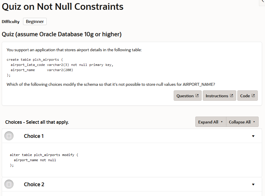 Dev Gym quiz on not null constraints