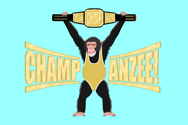 A chimpanzee holding a winner's boxing belt belt above its head