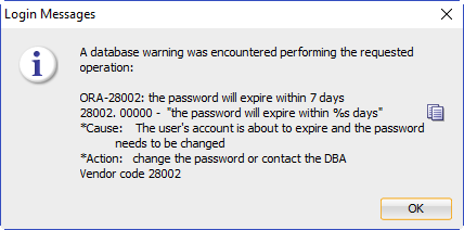 ORA-28002: the password will expire in 7 days