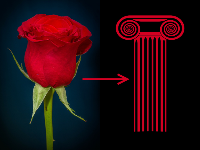 A rose next to an arrow pointing to a column