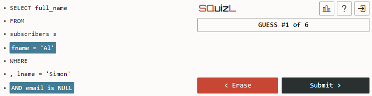 Completed SQuizL SQL statement ready to submit