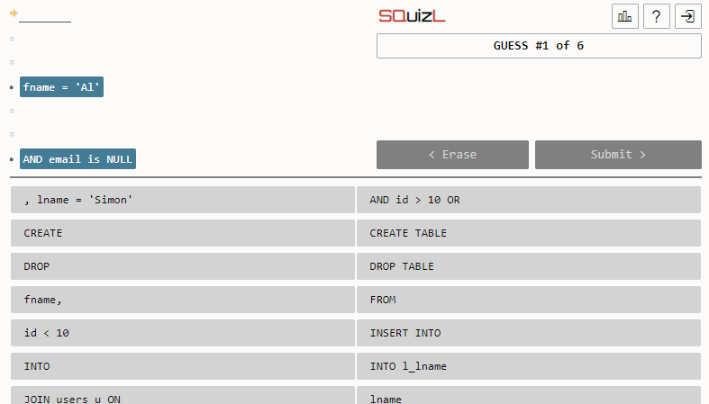 SQuizL quiz showing a partial SQL statement with options to complete it