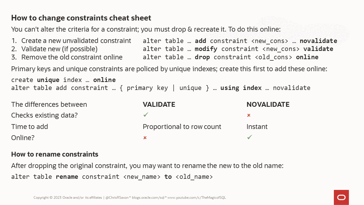 Cheat sheet for changing constraints