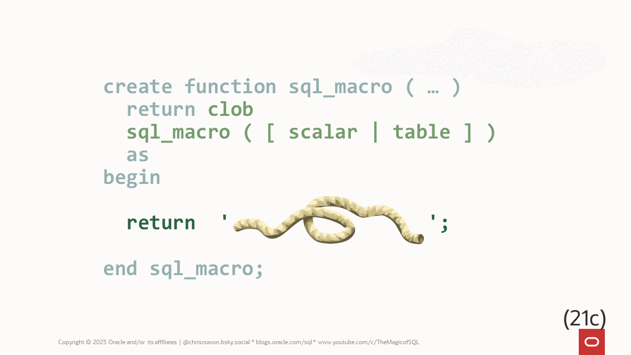 Syntax outline for creating a SQL macro: return a character data type, add the sql_macro clause, and return a string