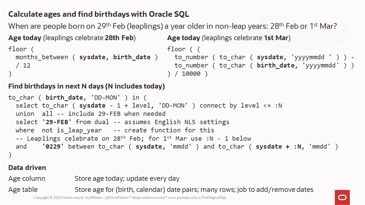 Calculate ages and find birthdays with Oracle SQL cheat sheet