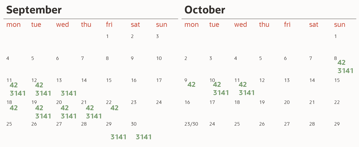 Calendar for September and October, showing events for users 42 and 3141. User 42 has consecutive series on 11-12 Sep, 18-22 Sep, and 9-11 Oct. User 3141 has consecutive series on 11-13 Sep, 19-21 Sep, and 10-11 Oct.