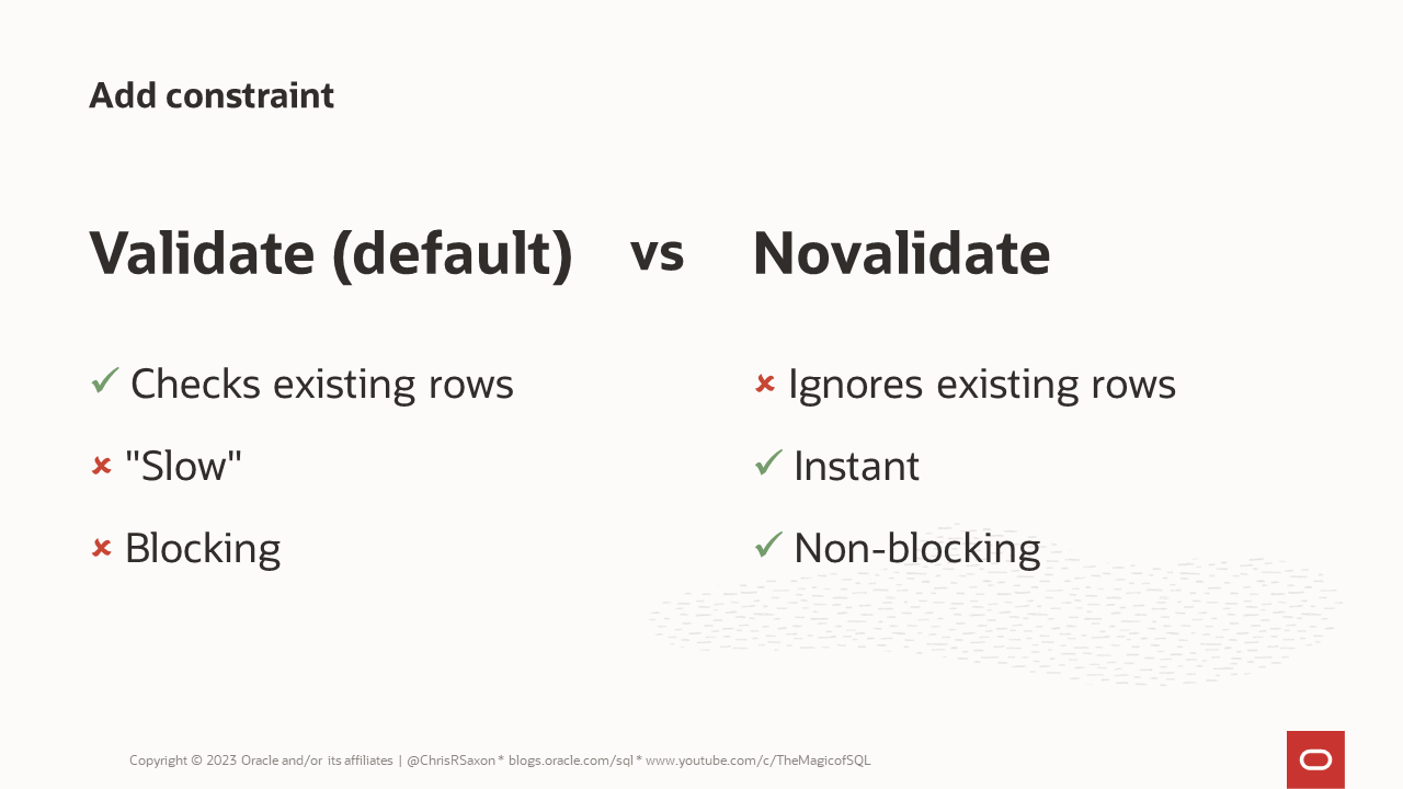 Validate vs novalidate. Validate: checks existing rows, the time taken is proportional to the number of size, and is a blocking operation. Novalidate: ignores existing rows, is instant, and is non-blocking