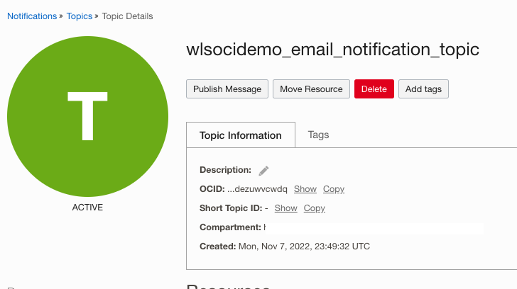 OCI Email Notification Topic