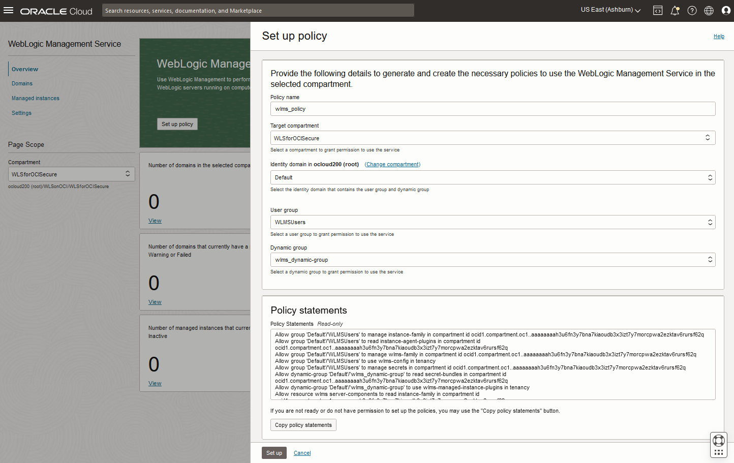 Oracle WebLogic Management Service setup policy dialog