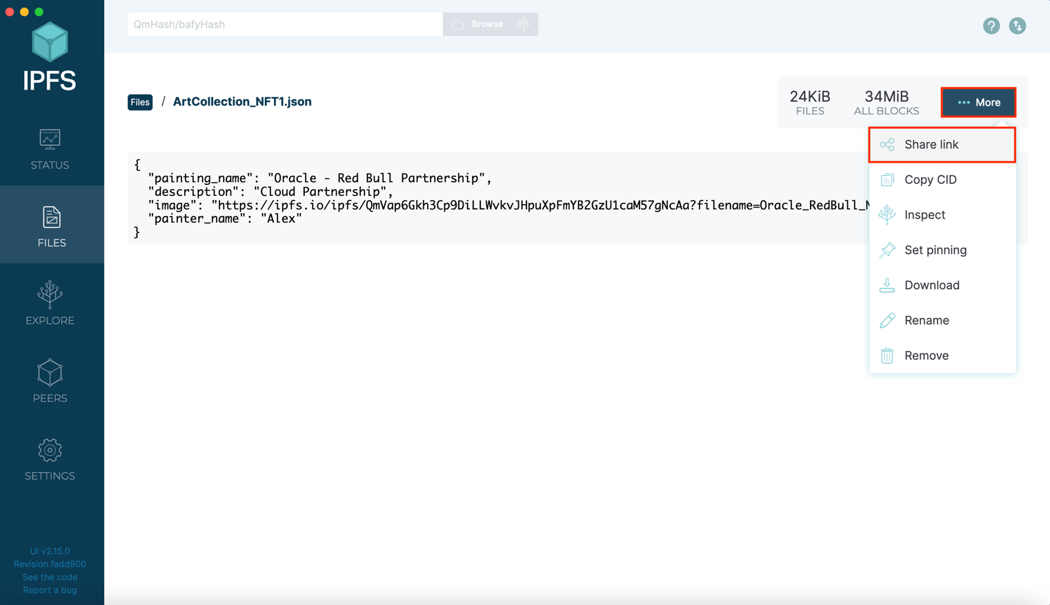 IPFS Desktop - Uploading metadata JSON file and saving the URL