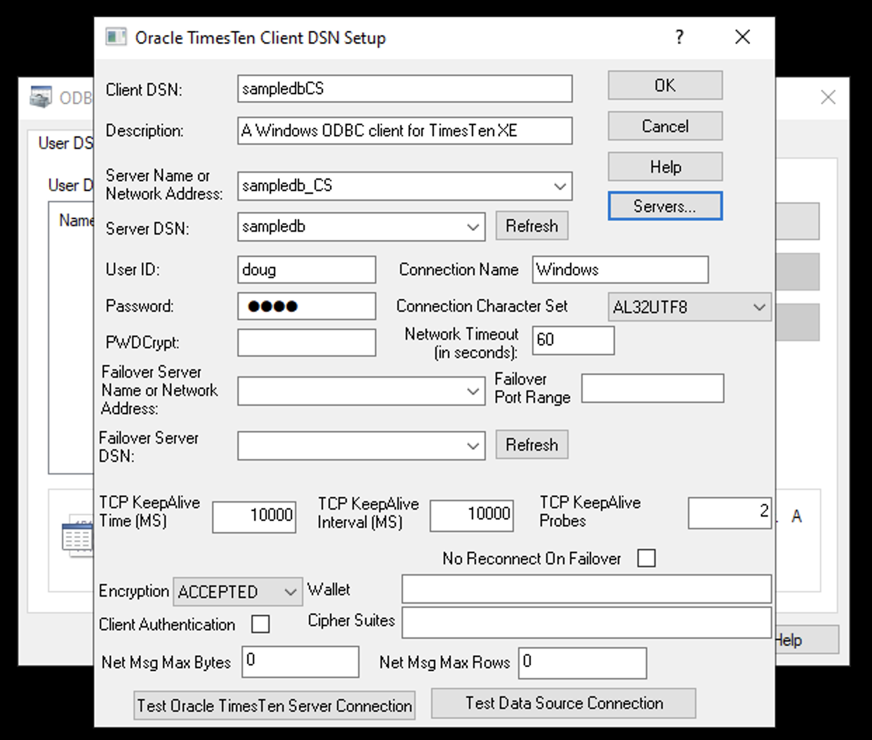 Server DSN and Server Name defined