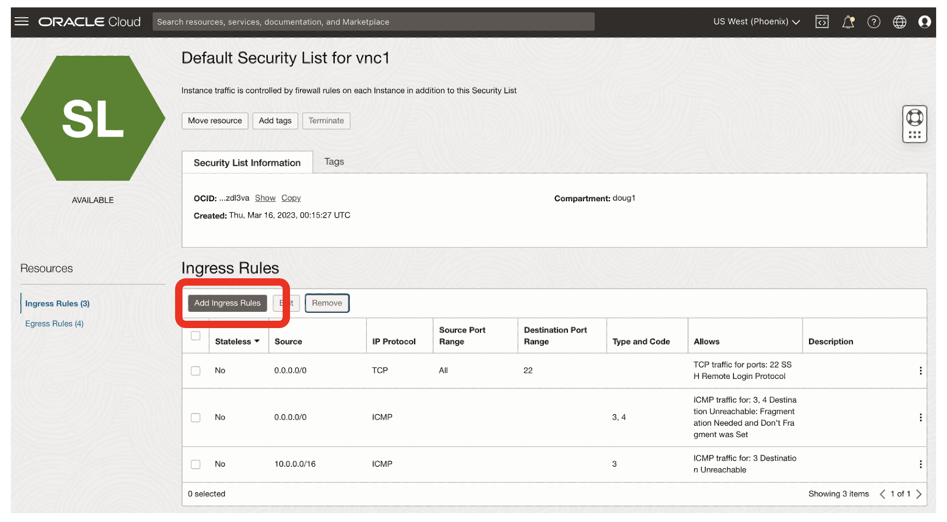 Add security list for SqlNet