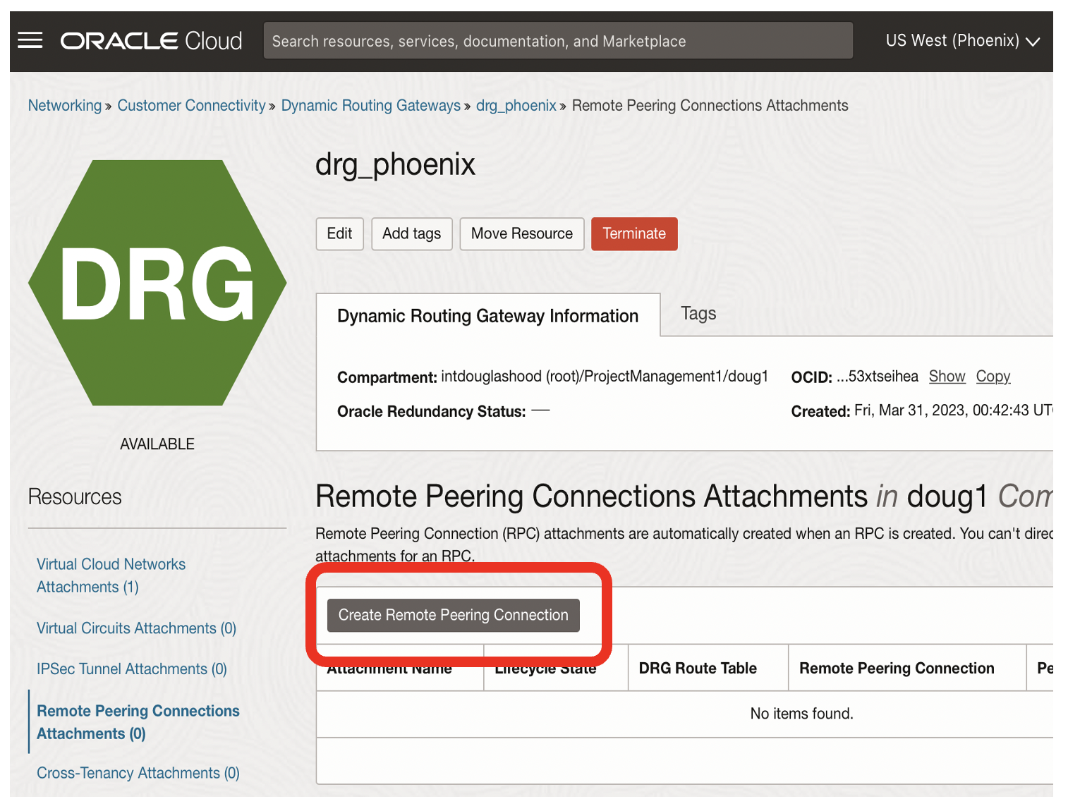 Create Remote Peering Connection