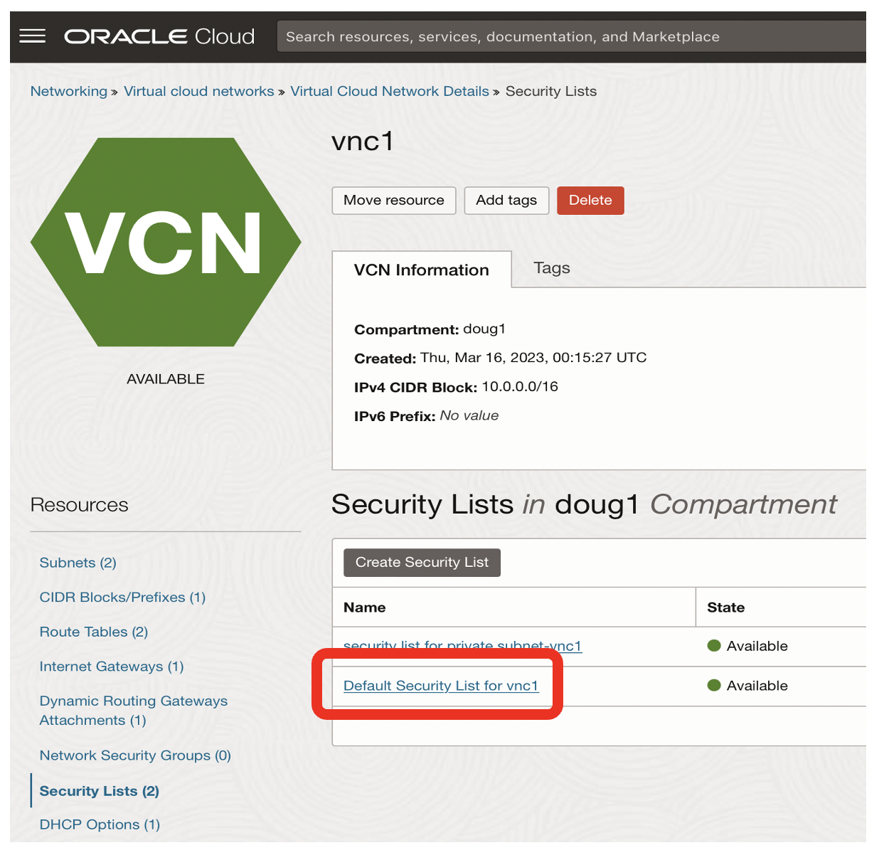 Default security list