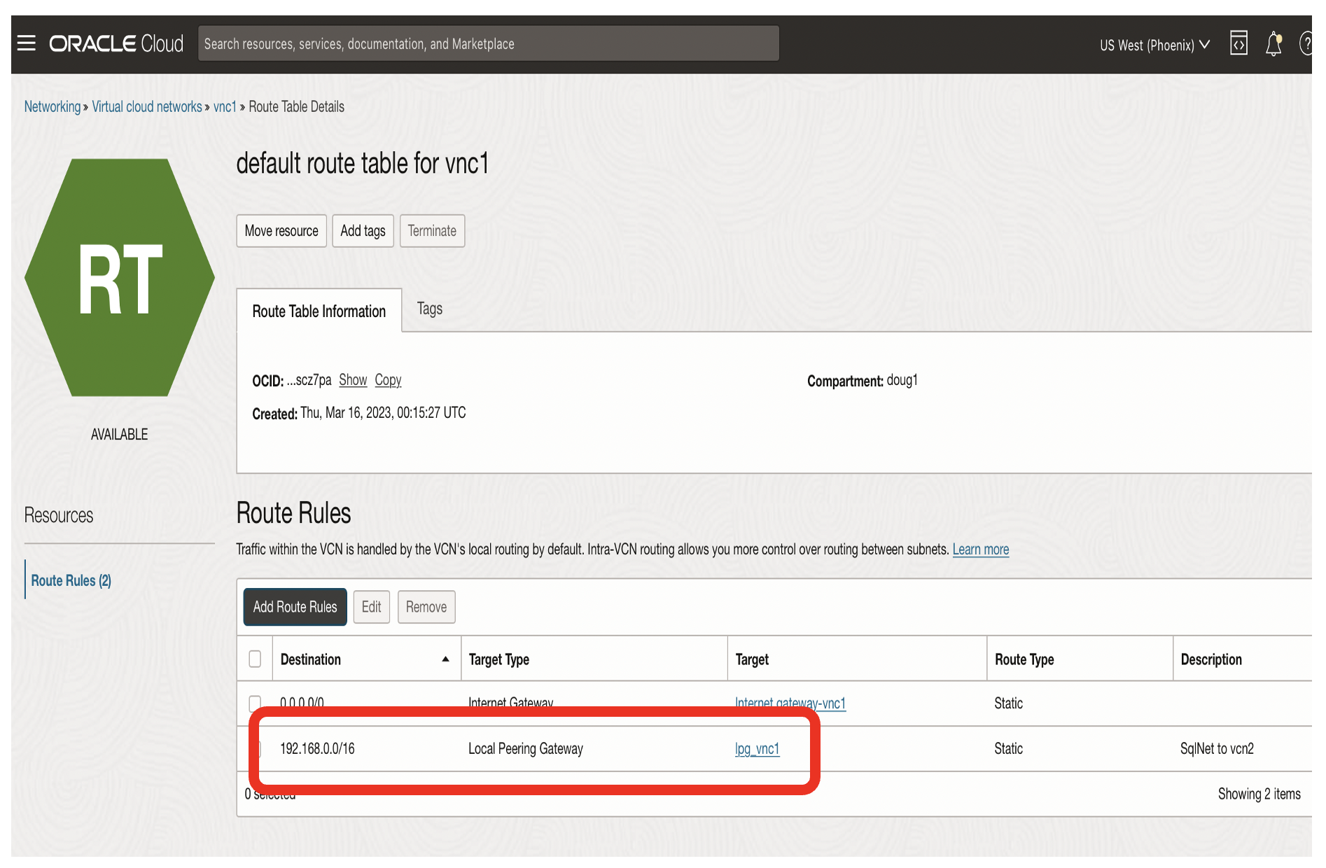 Local peering gateway routing
