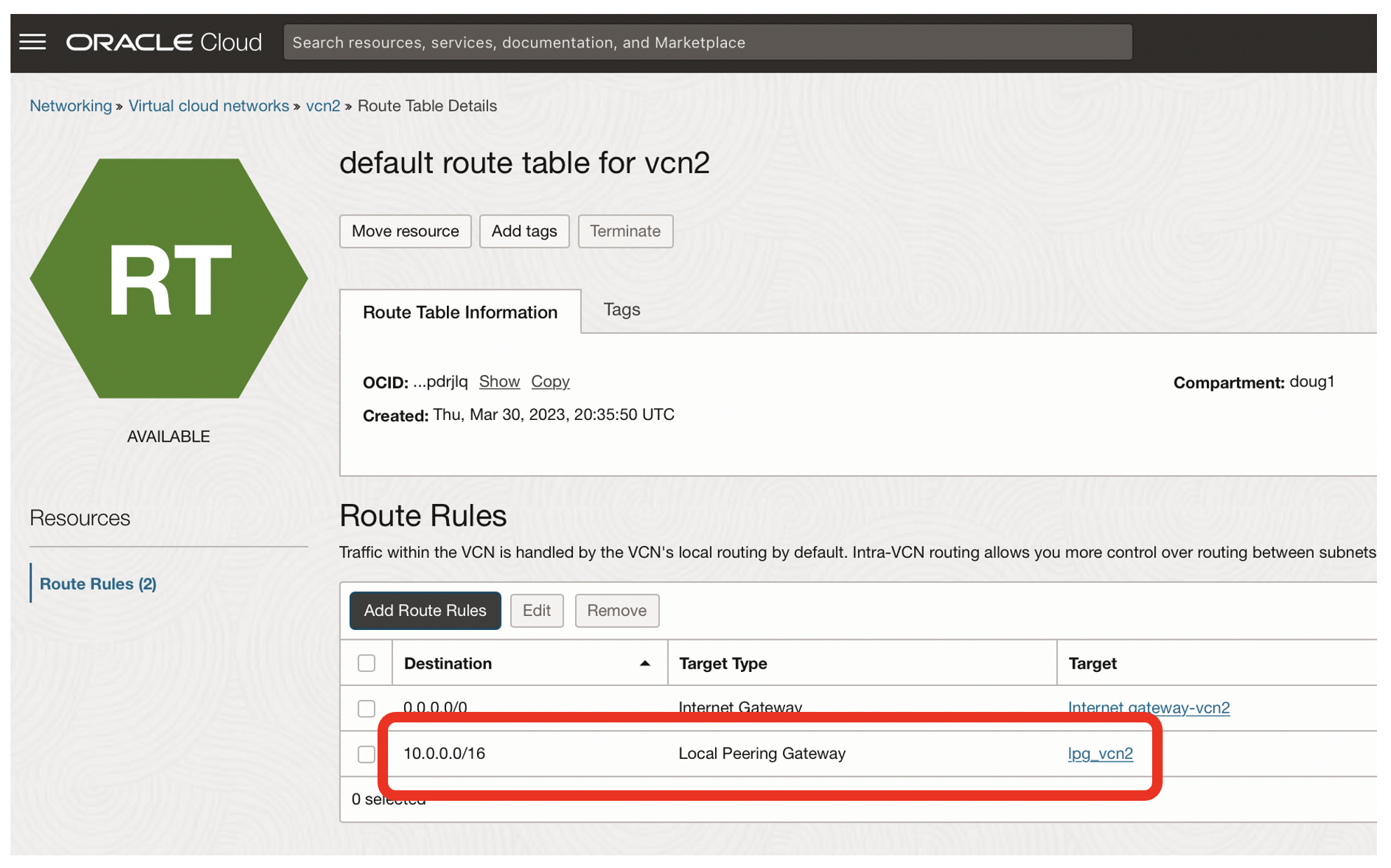 Local peering gateway routing