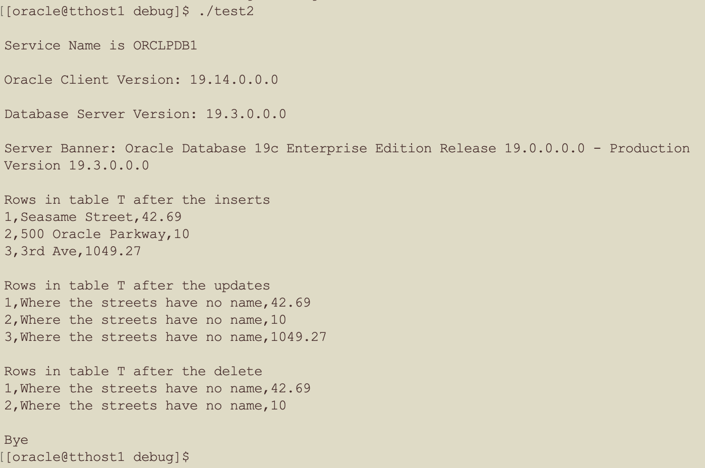 Output from test2 run against Oracle