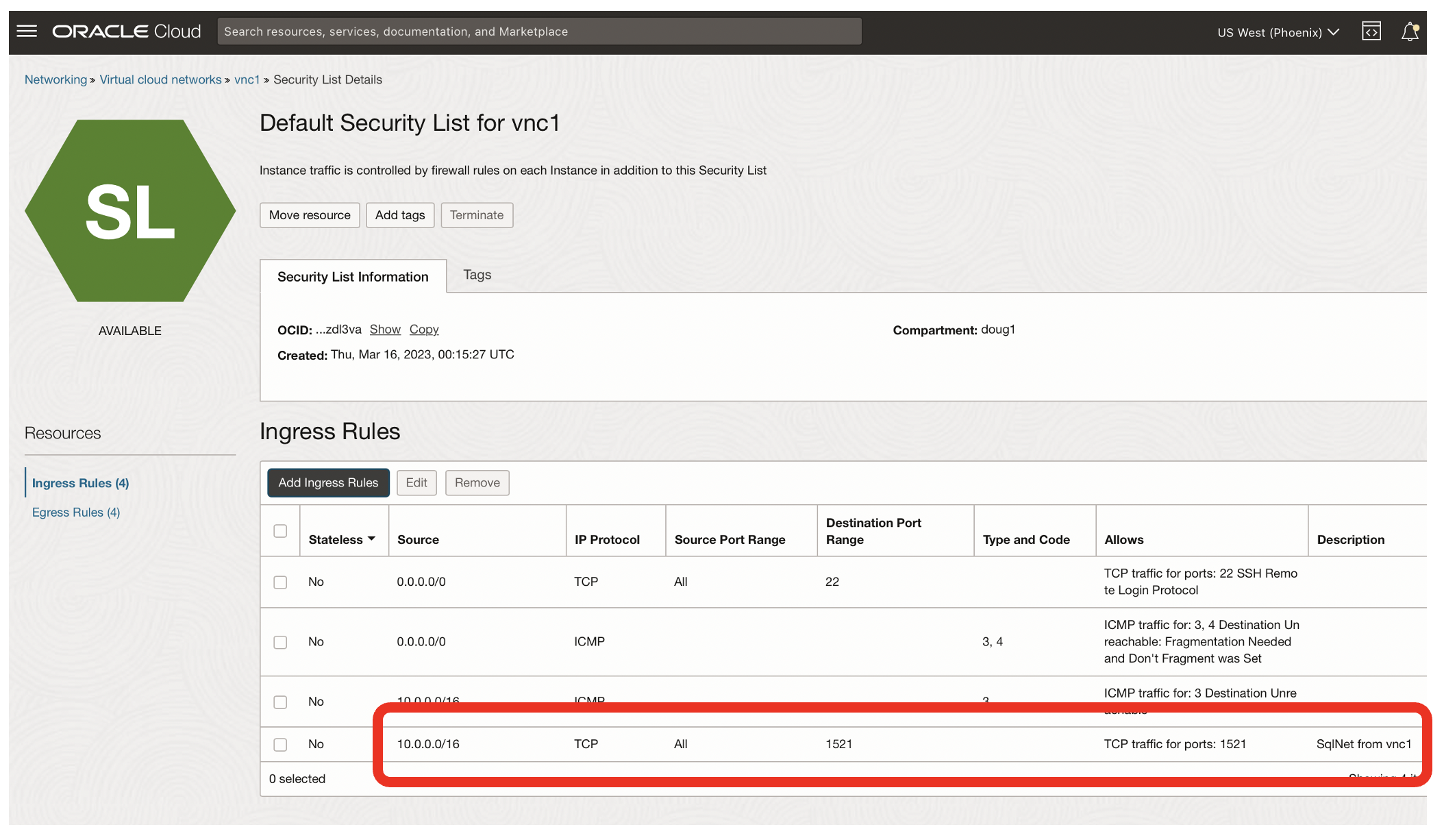 Created Security List for Sqlnet
