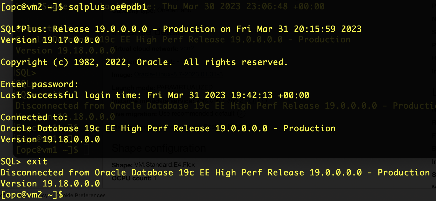 Test with SqlPlus from VM2