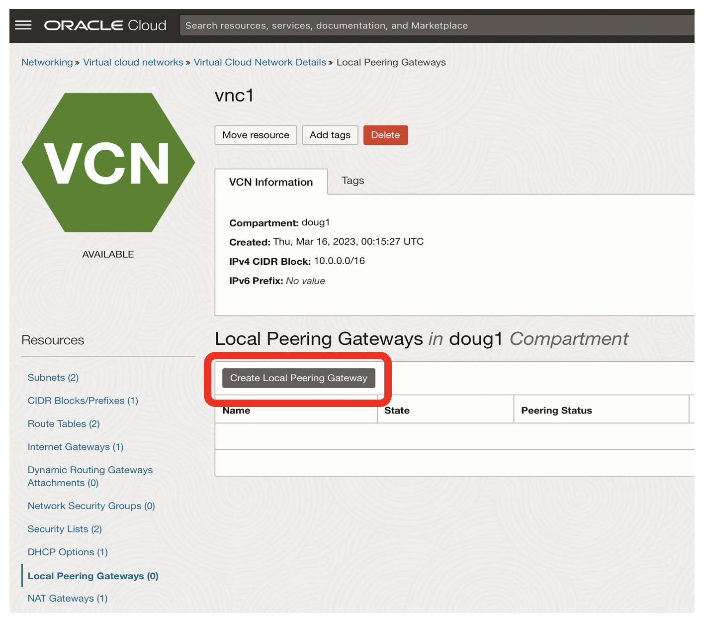 Local peering gateway