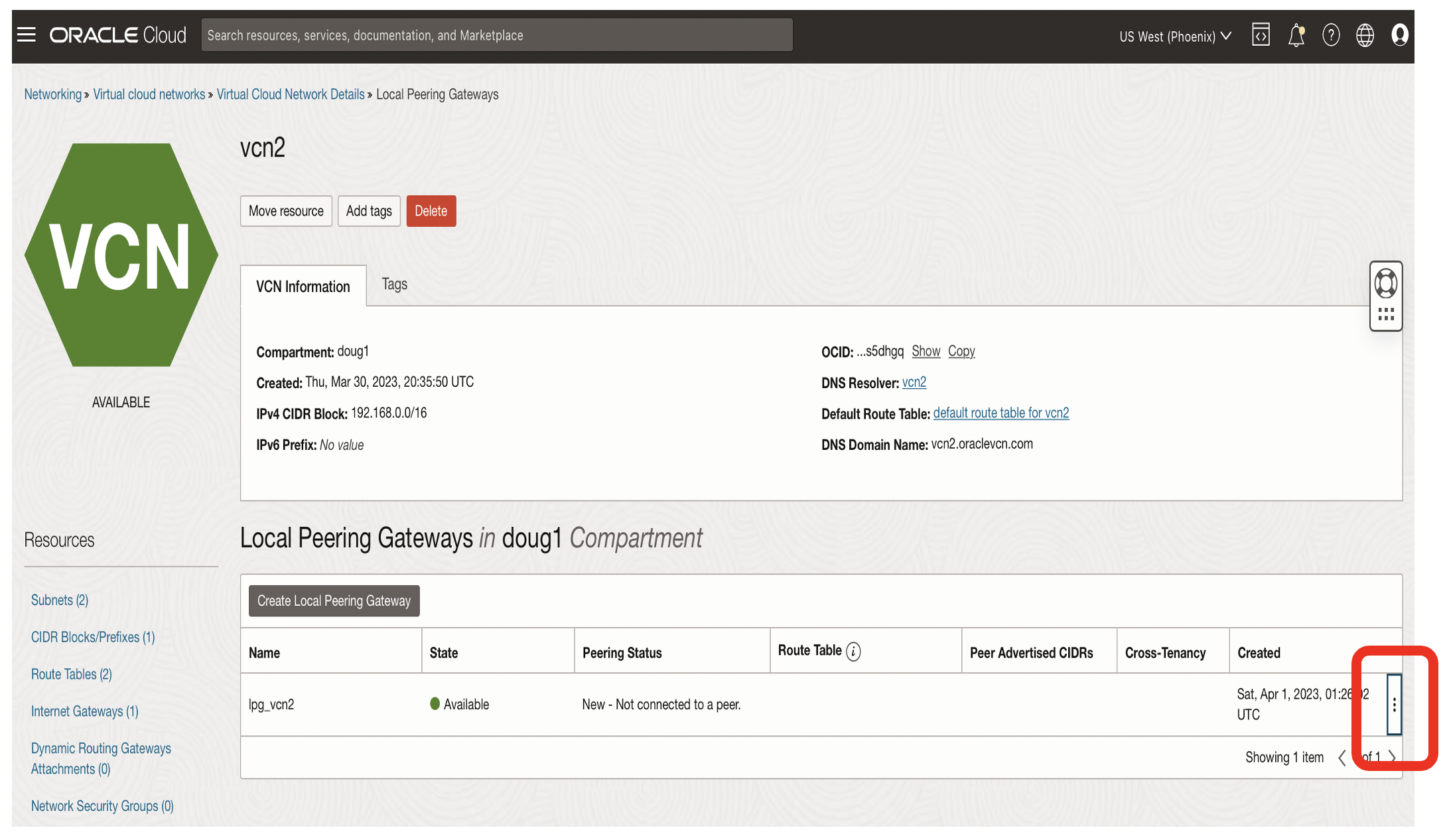 Establish connection to remote Local peering gateway