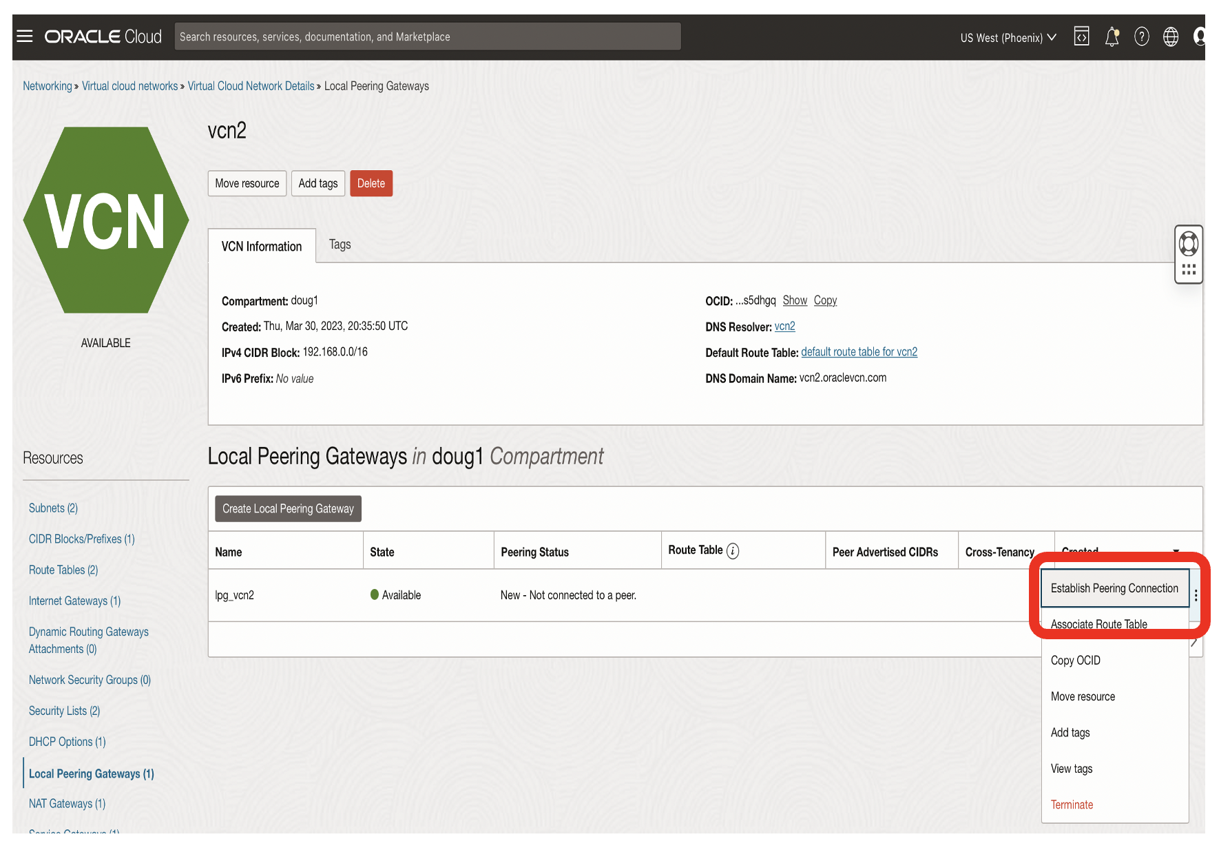 Establish connection to remote Local peering gateway
