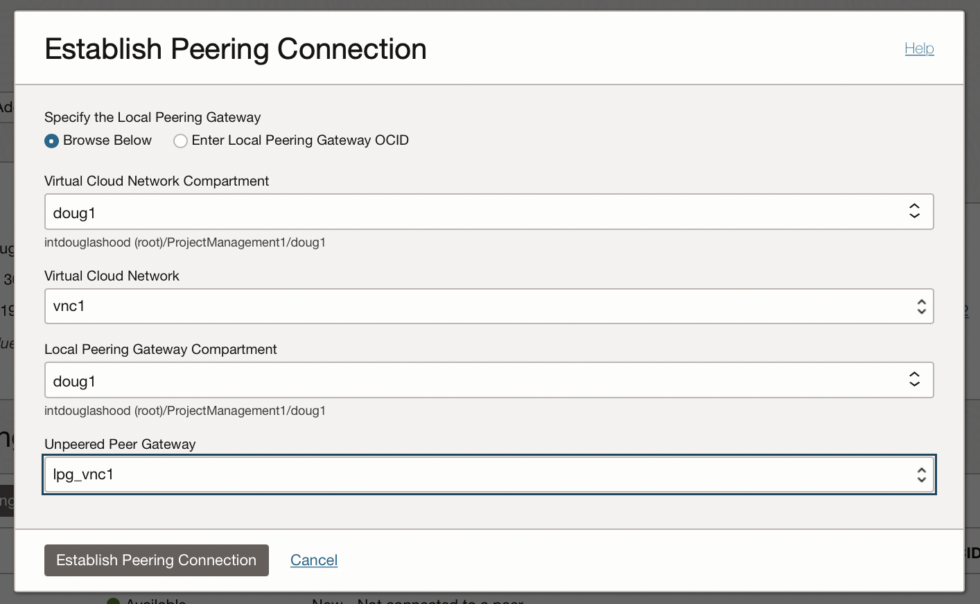 Establish connection to remote Local peering gateway