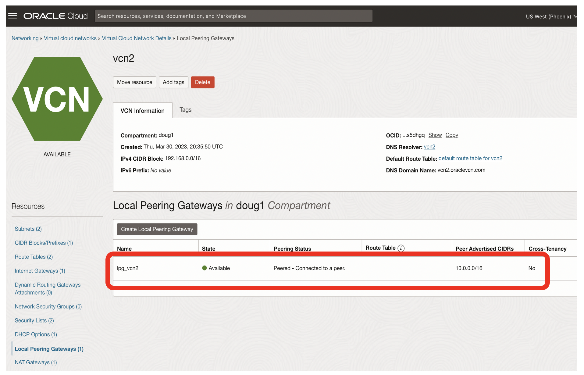 Established the peering connection