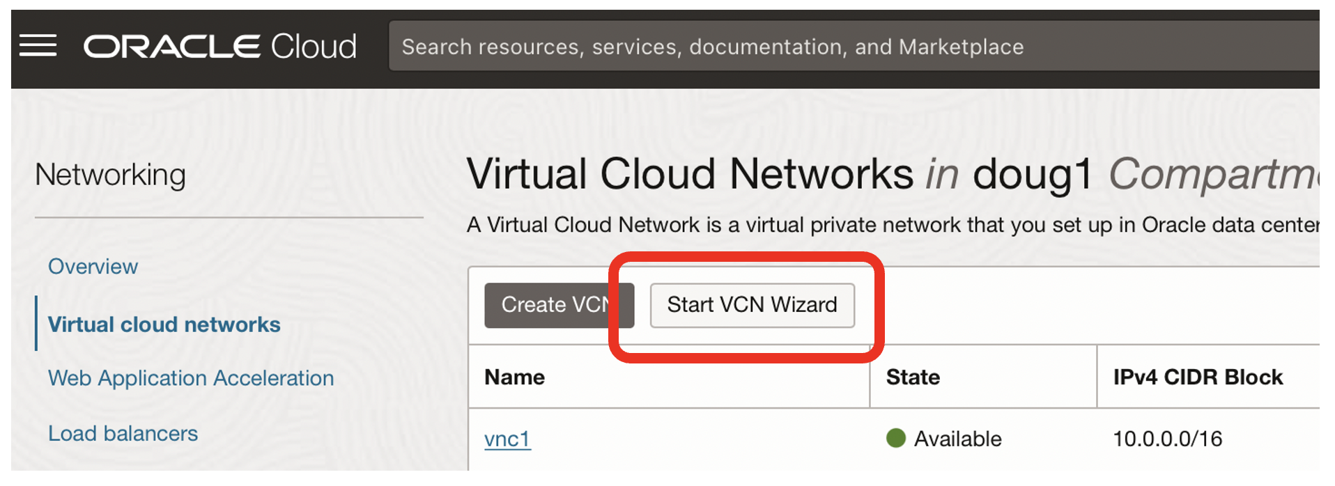 VCN wizard