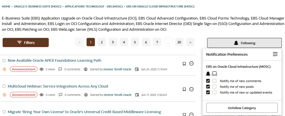 Following Categories on My Oracle Support Community