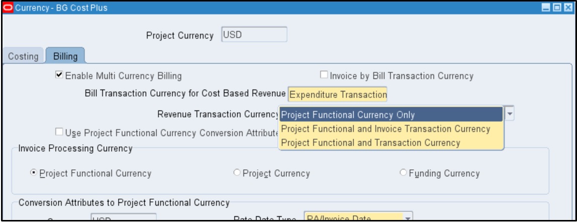 Revenue Transaction Currency Setup for Project