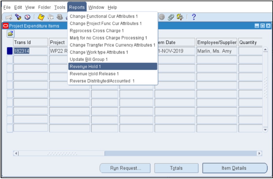 Revenue Hold screen of expenditure inquiry form