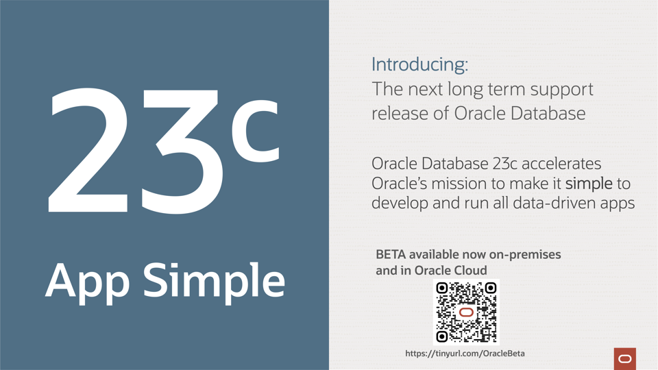 Oracle Database 23c Beta slide with link to beta
