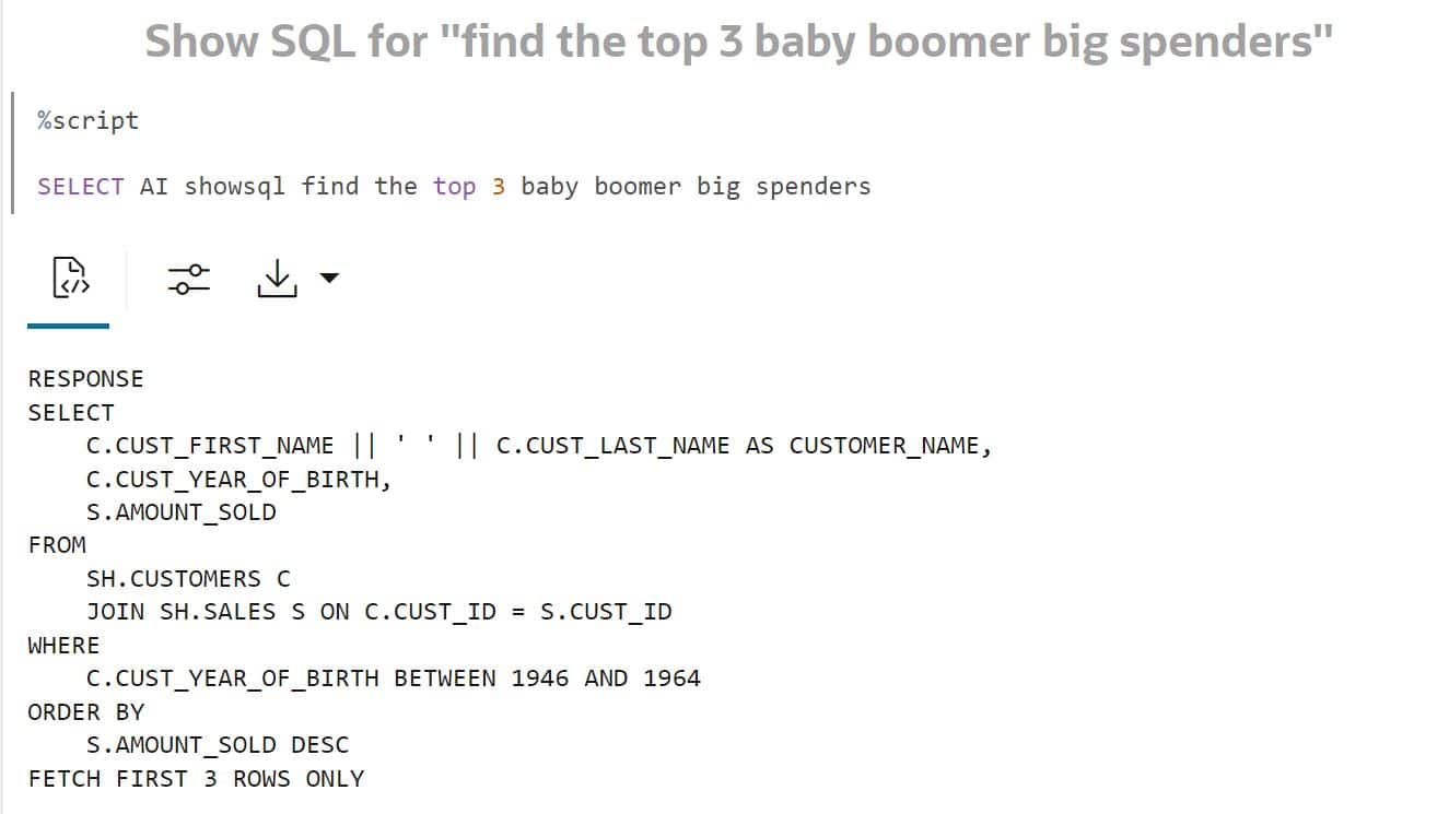 NL2SQL Example - top 3 baby boomer big spenders SQL