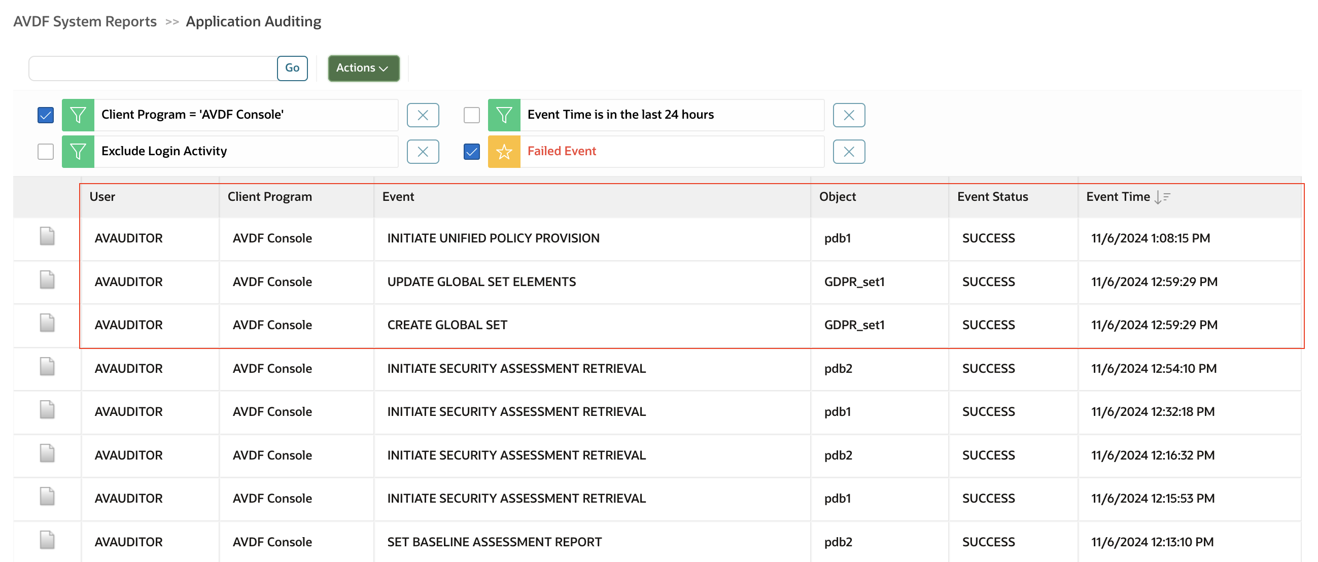 AVDF System Reports: AVDF console audit reports