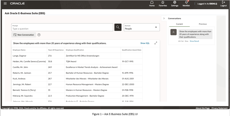 Figure 1 - Ask Oracle E-Busimess Suite (EBS) UI
