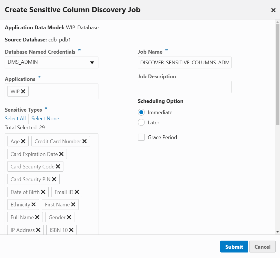 Screenshot showing creating a sensitive column discovery job. In the screen shot we can see there is now a "SELECT ALL" function that simplifies broad scans of data looking for sensitive columns