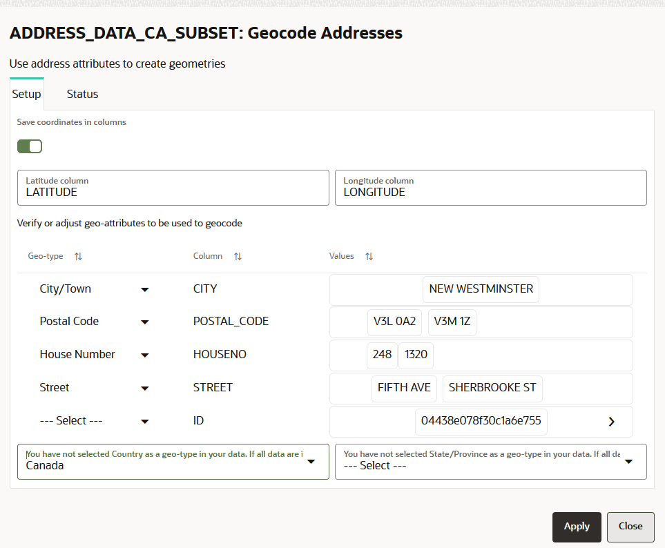 Geocode Addresses Dialog