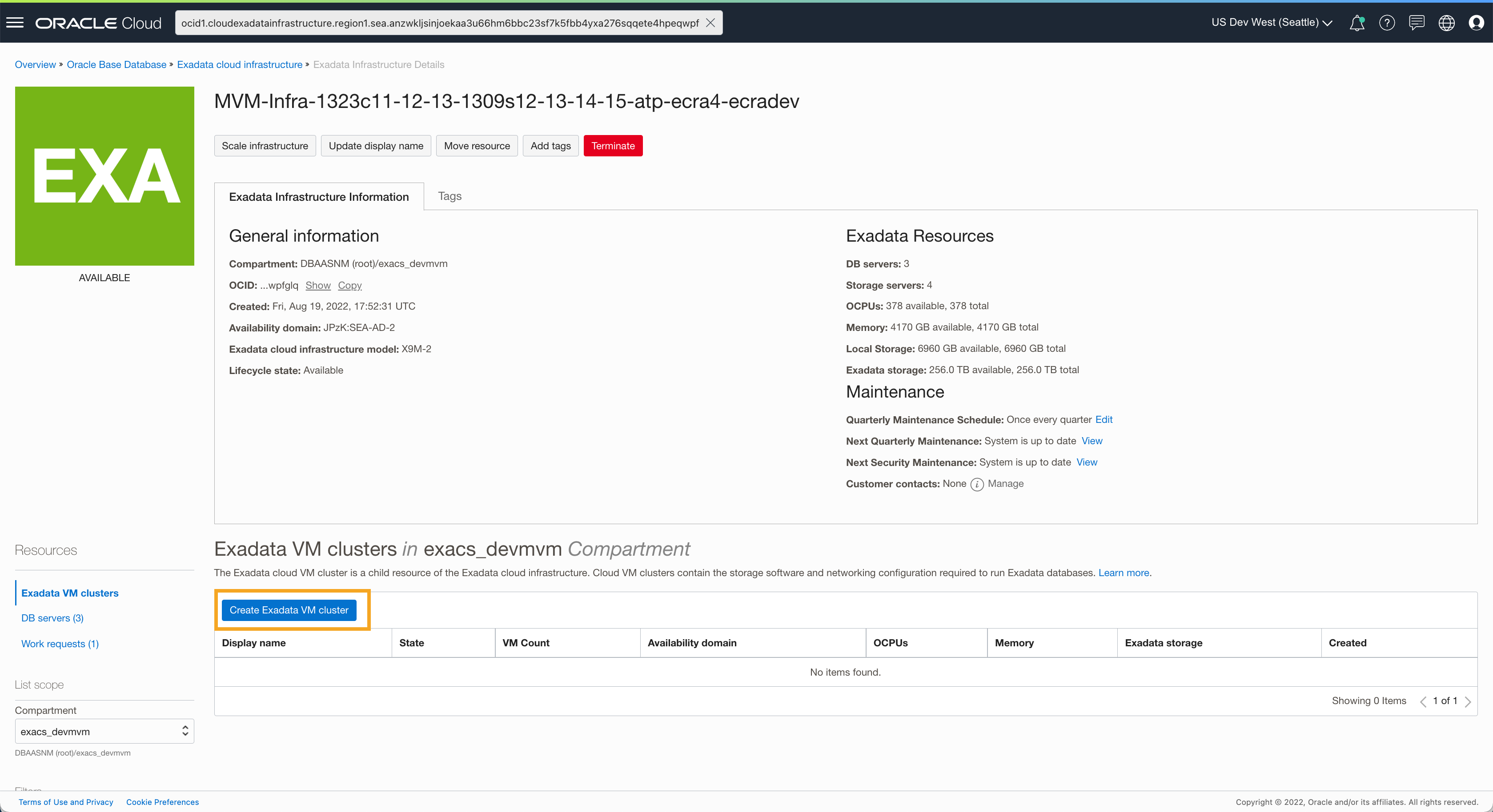 Launch Create VM Cluster Action