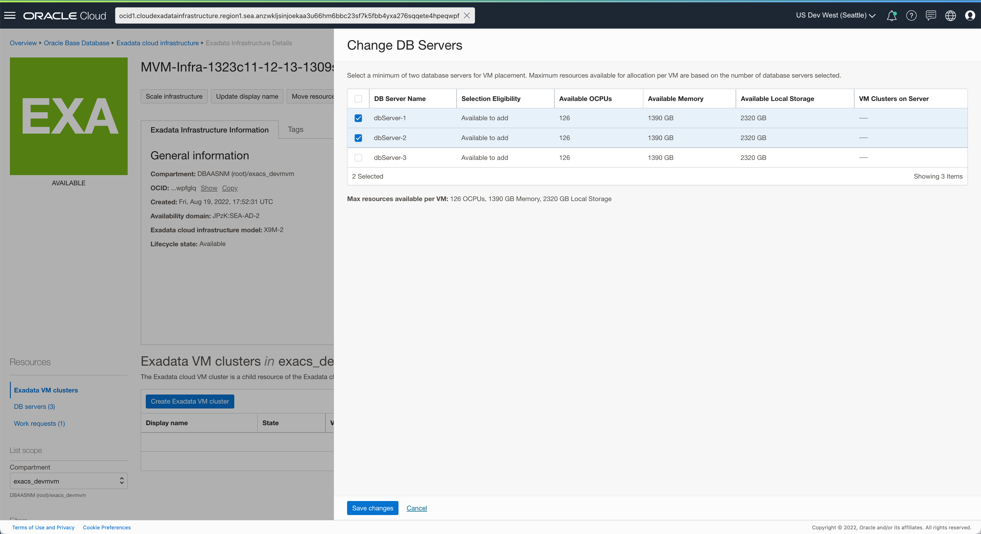 Change the default DB Server selection during VM Cluster creation