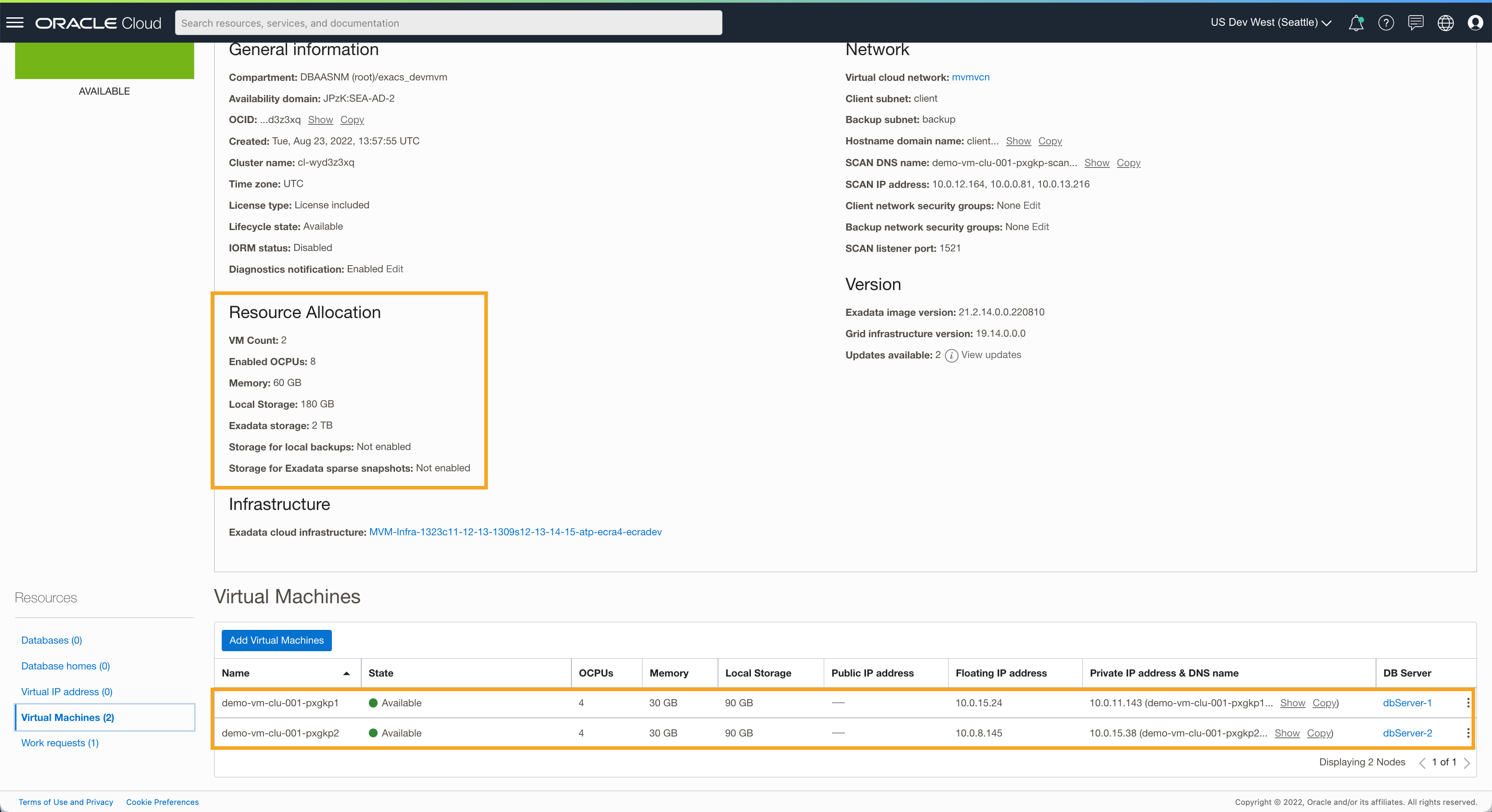 View VM Cluster Resources