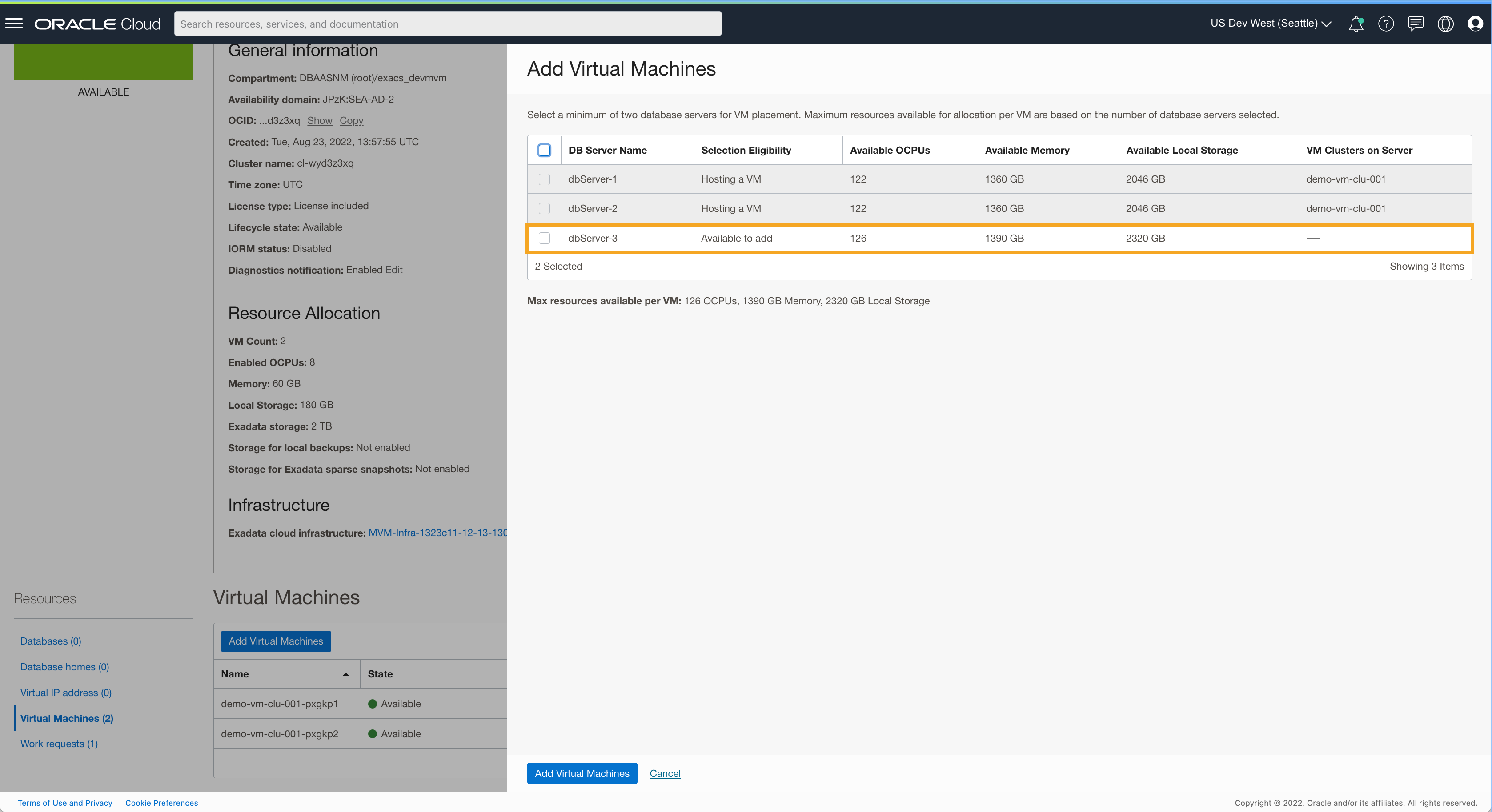 Select DB Server to Host VM