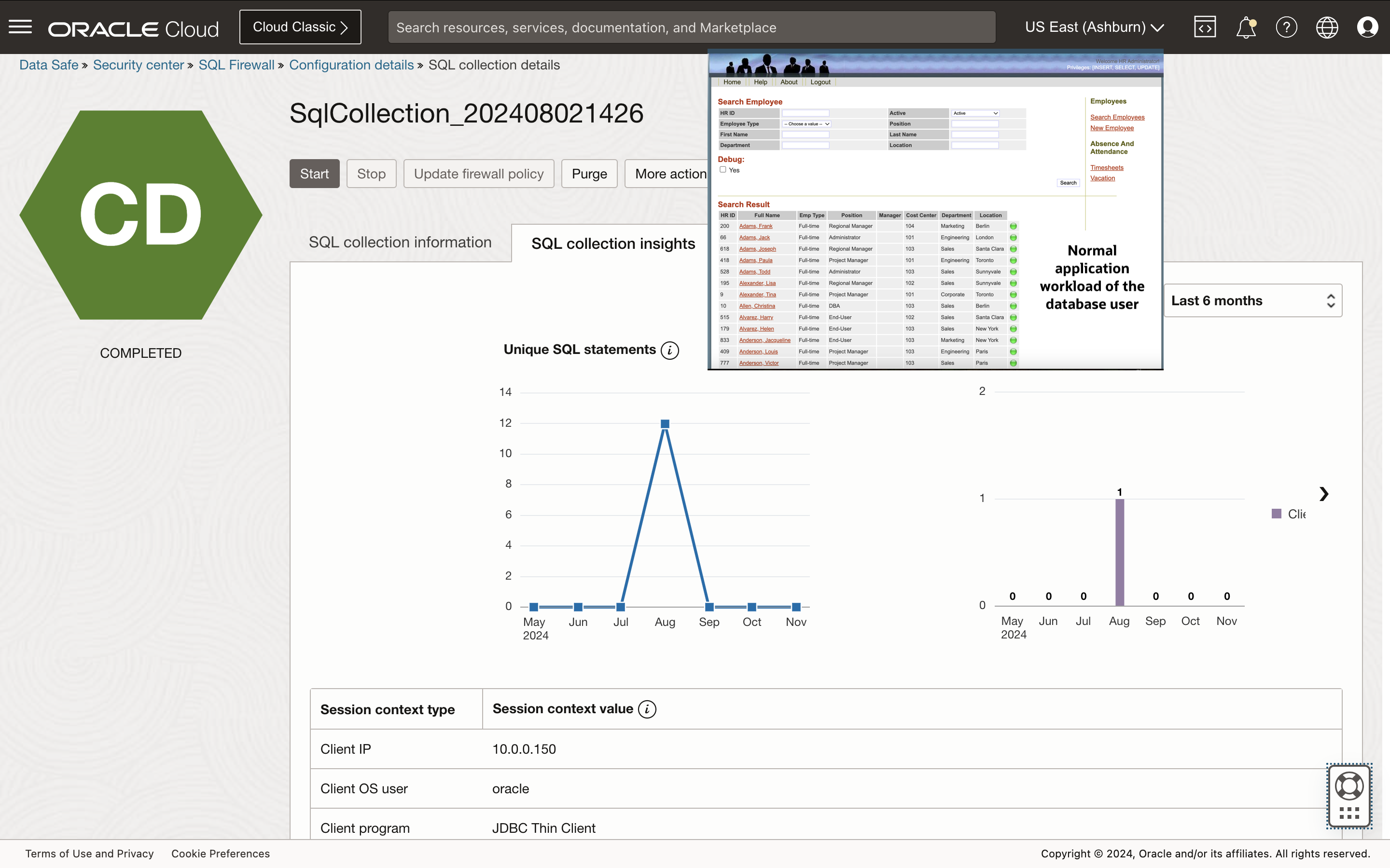 Screenshot of Data Safe showing SQL collection in progress. A screenshot of a sample application is inset, showing exercising the application to train the SQL Firewall