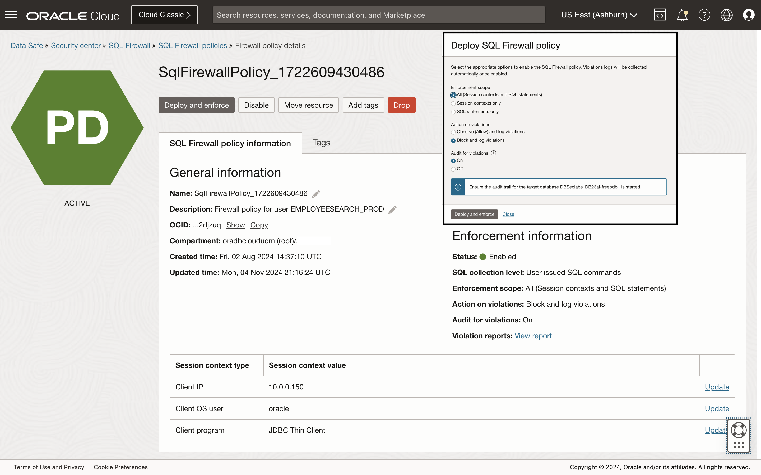 Screenshot of Data Safe showing deploying the SQL Firewall policy