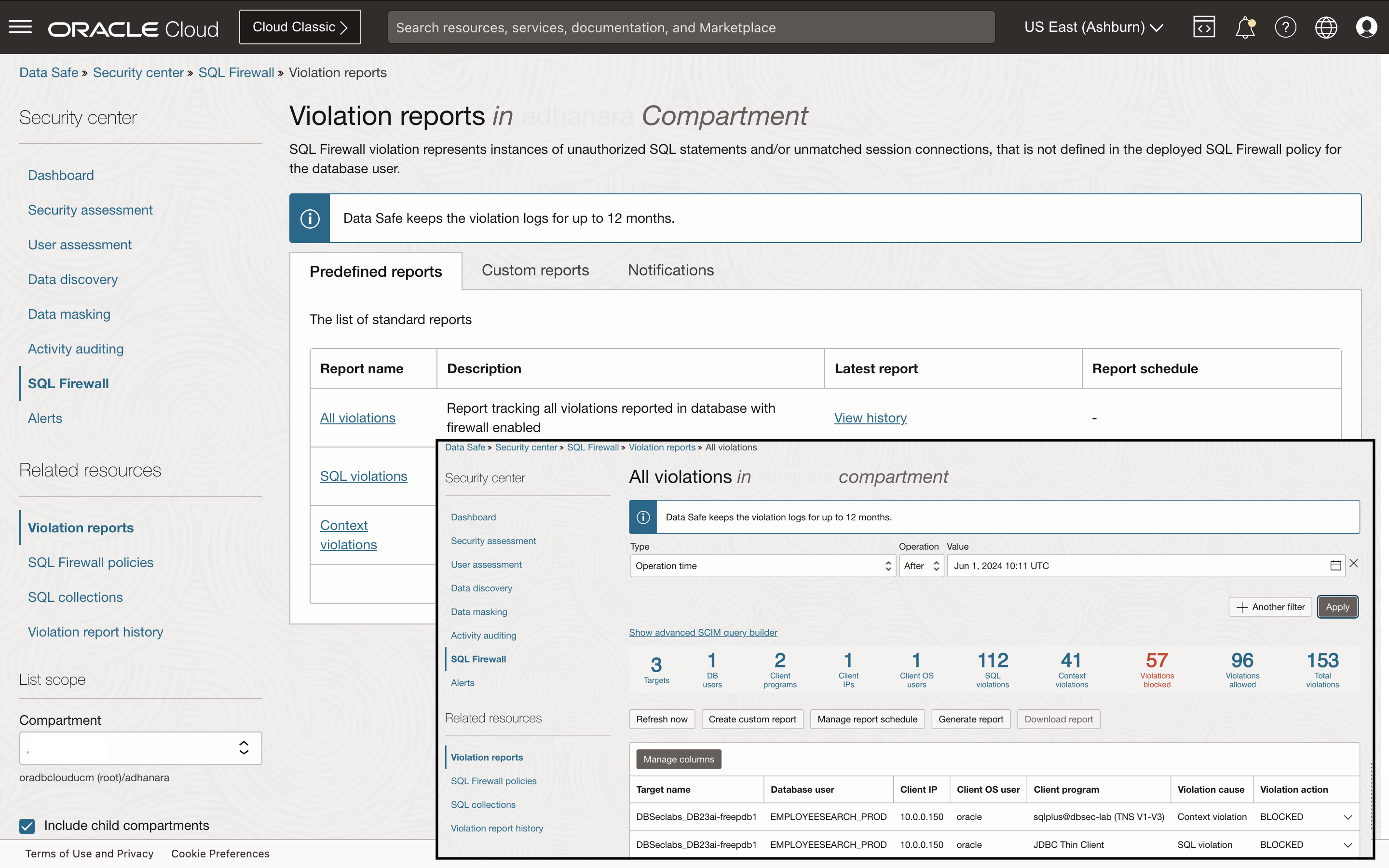 Screenshot of Data Safe showing SQL Firewall violations in the Data Safe SQL Firewall violation report