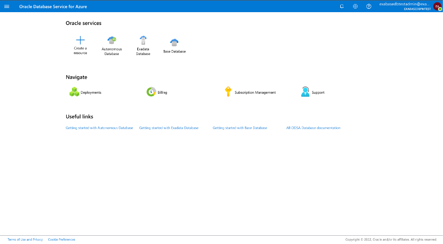Figure 5 – Oracle Database Service for Azure Portal Landing Page