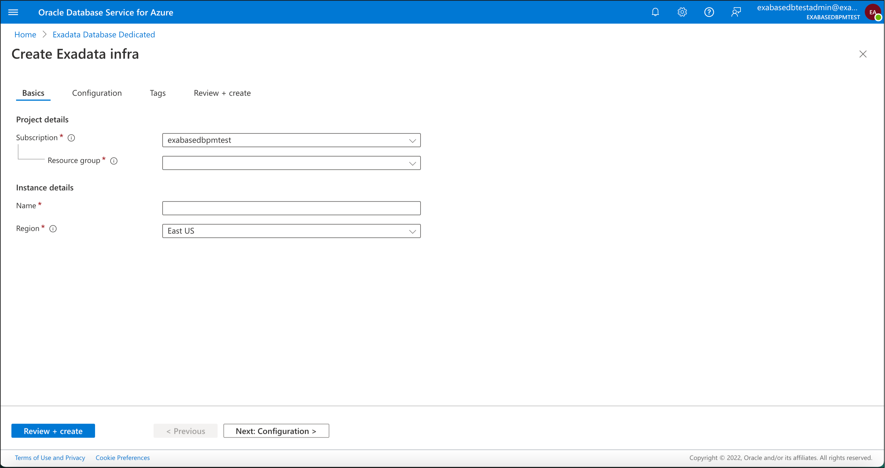 Figure 7 - Create Exadata Infrastructure - Basics Tab