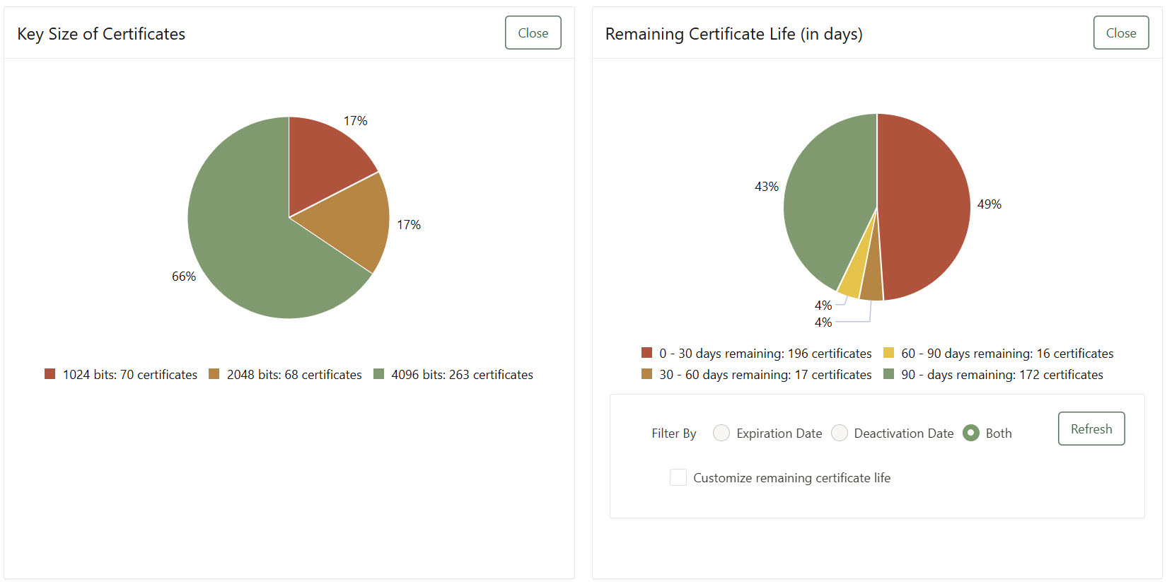 Two pie chart displaying certificate key sizes and remaining lifetime