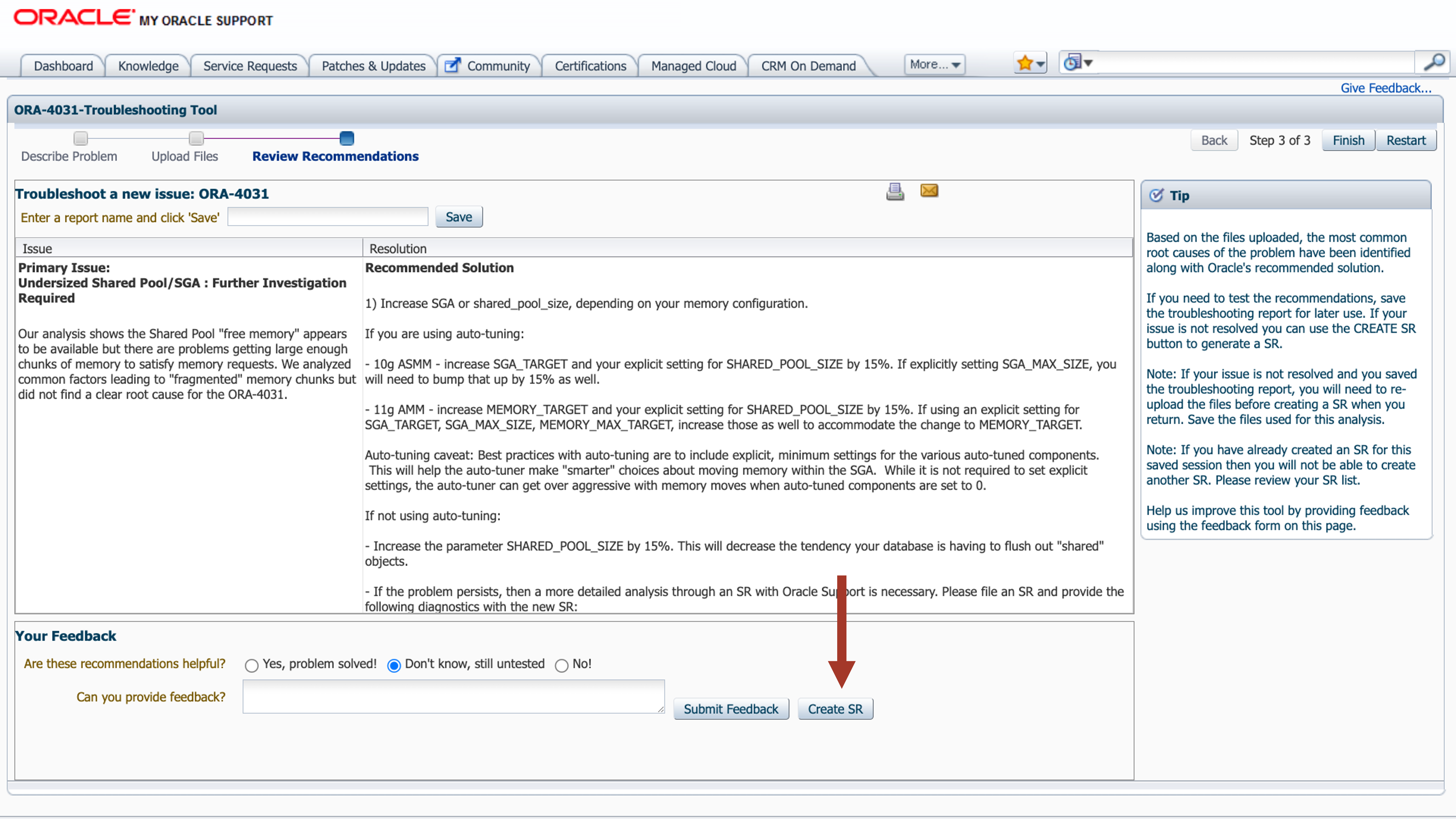 ORA-04031 Create SR Step 1